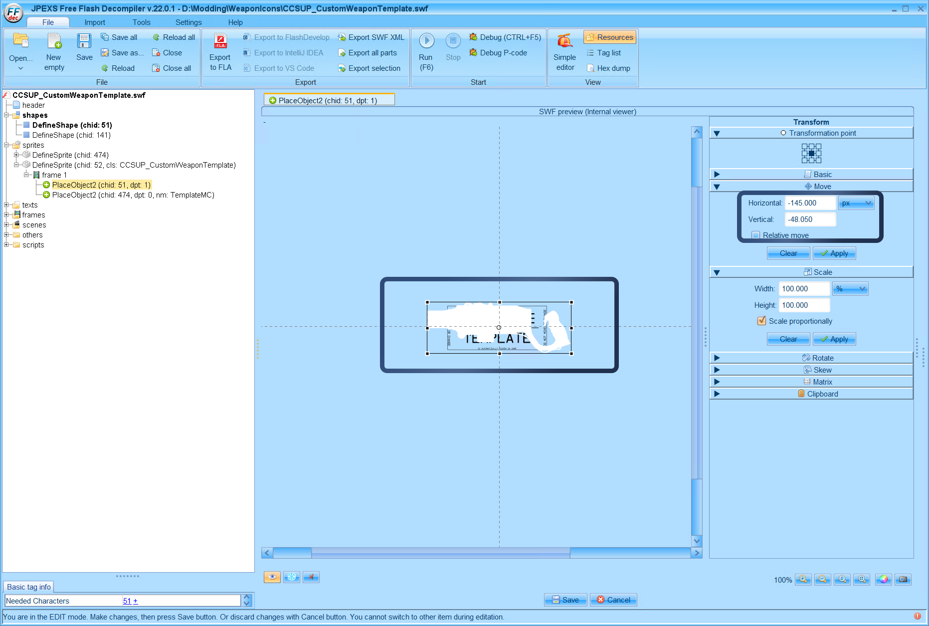 You can see here that i used my mouse and just centered it approximately in the center of the template box and you can see the position has changed in the move menu