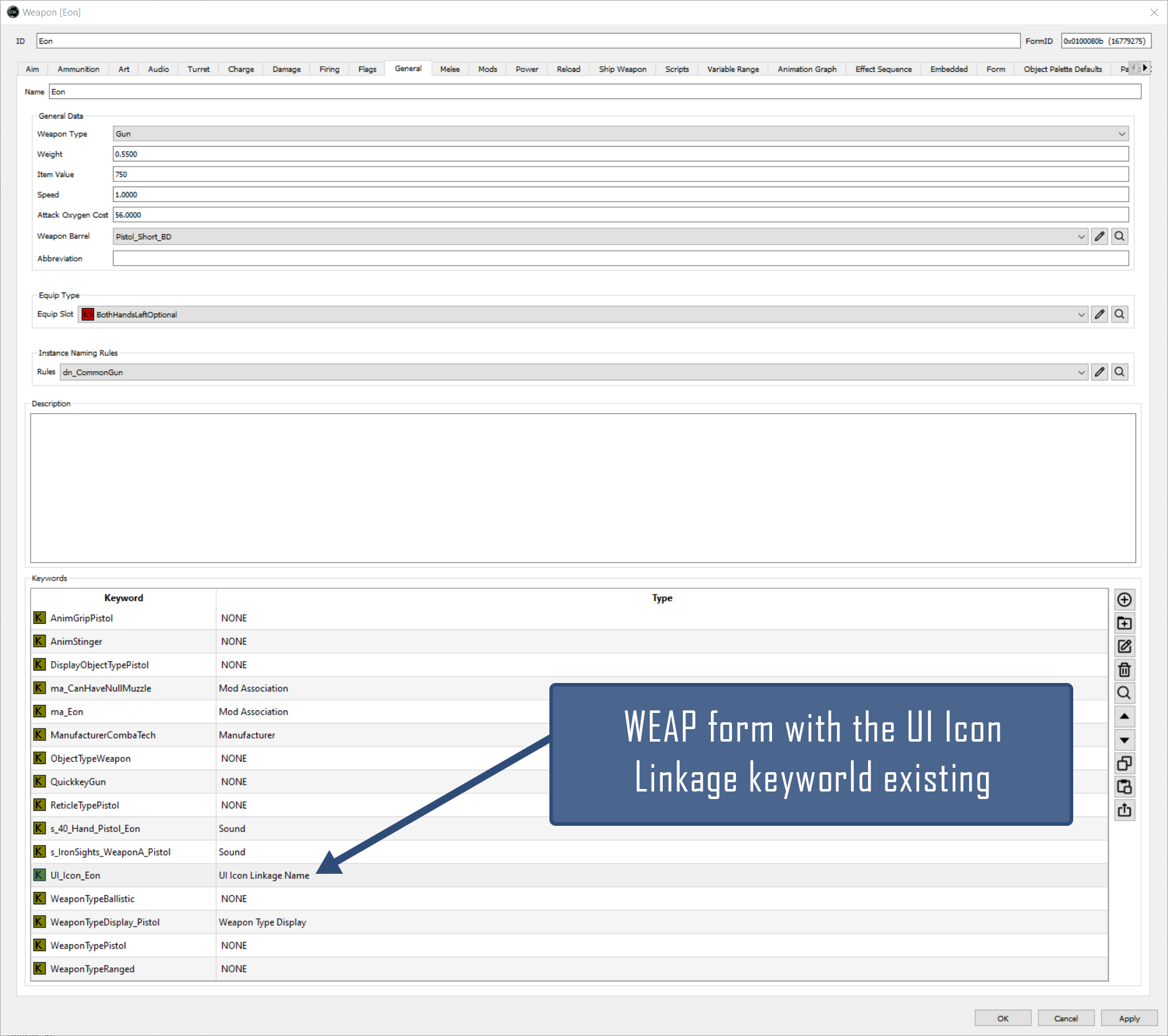 UI Icon Linkage Name Keyword on the Eon in CreationKit