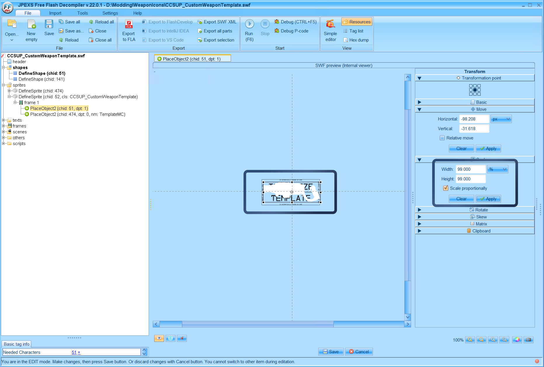 Now to scale it proportionally the best method is to use the Scale menu on the right, I like to set it to 99% and click Apply a bunch to get it to scale into the box bounds