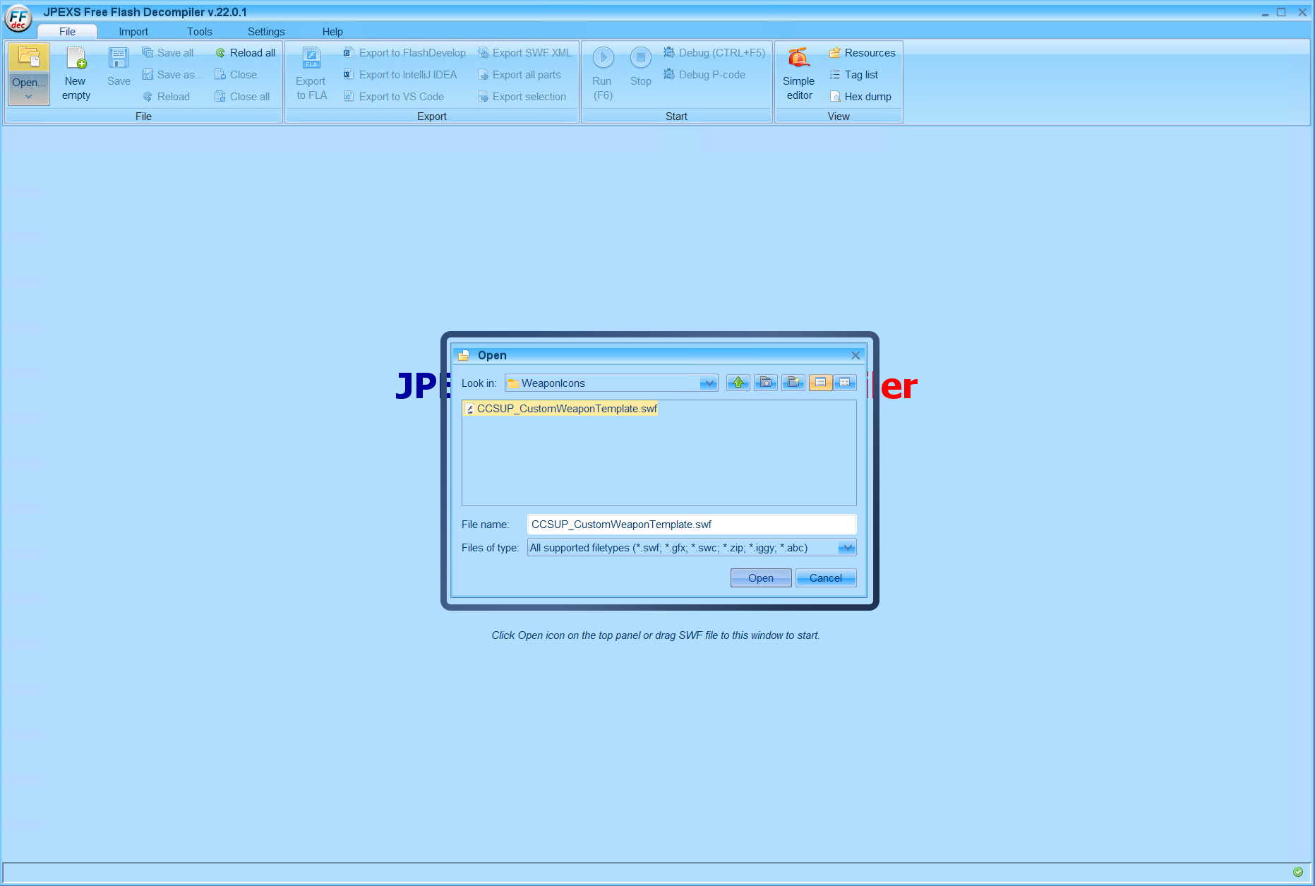 In the open window navigate to where your mod files are and where you have placed the template SWF