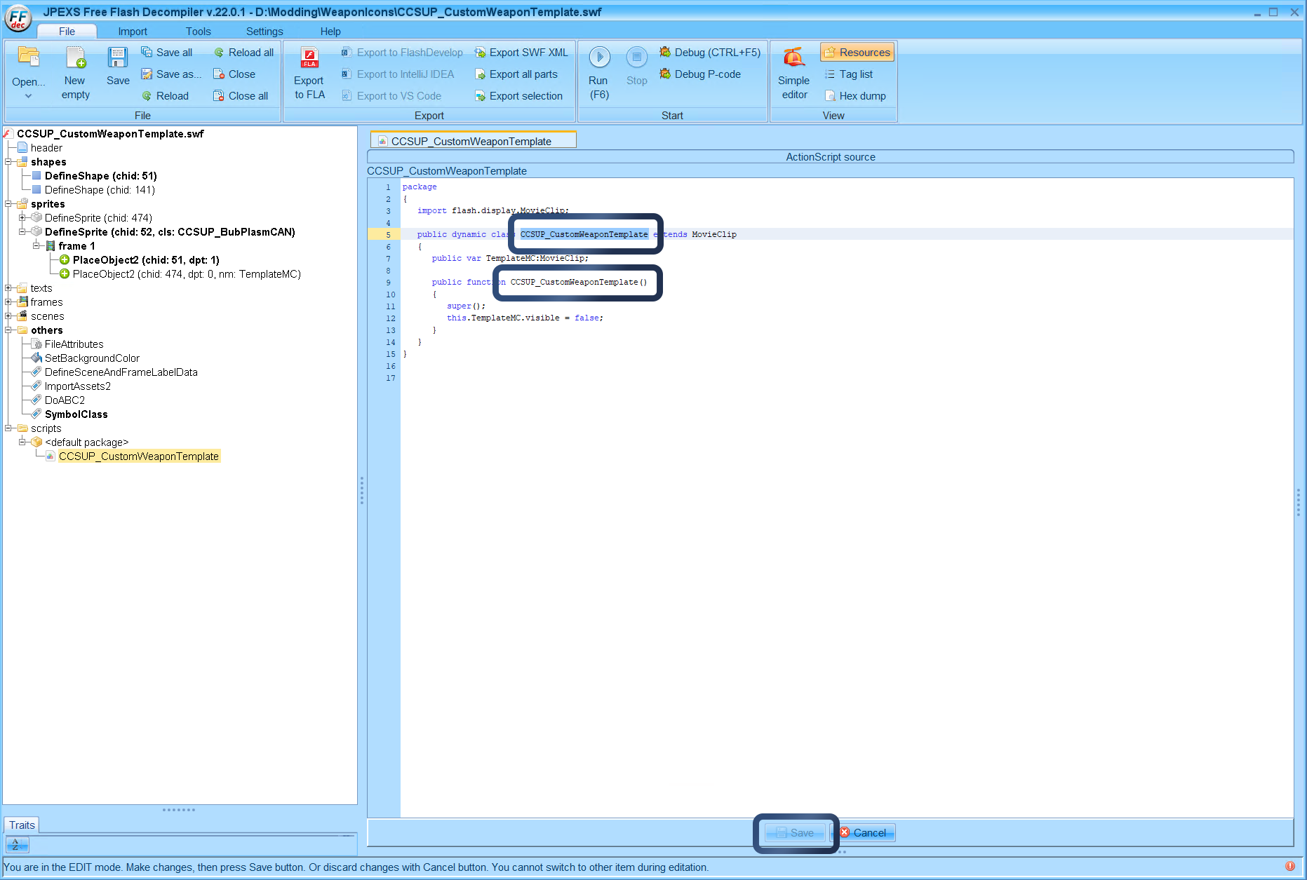 There are two places you need to set the name, be sure and only replace the "CCSUP_CustomWeaponTemplate" and don't touch any other part of the script. Once again in this case we are going to set it to "CCSUP_BubPlasmCAN" and then click Save on the bottom