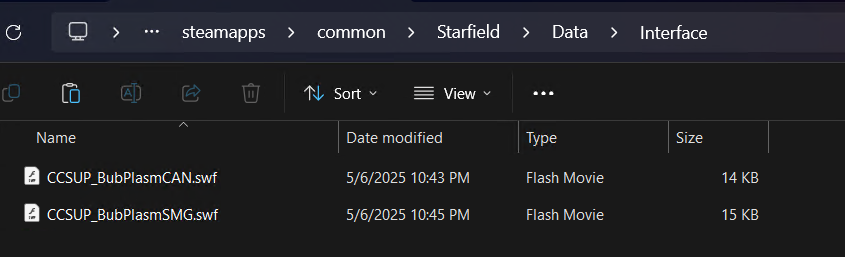 For this tutorial I am going to use the Starfield Data directory instead of my usual MO2 just so its obvious where the files are going but you want to place all the SWF files you just made in "Data\Interface"